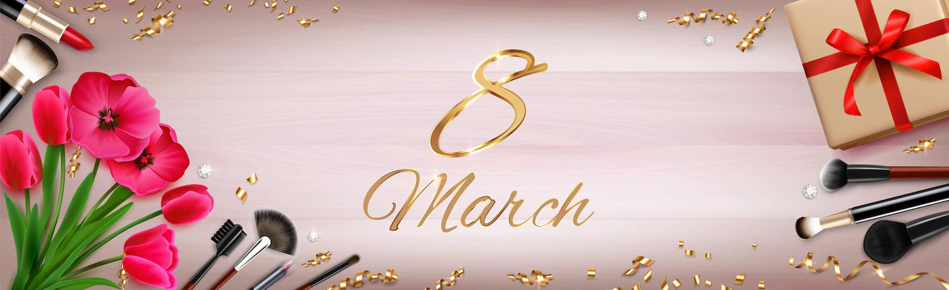 8 March Womans Day Composition With Ornate Text Golden Confetti With Flower S Gifts Makeup 1284 57638