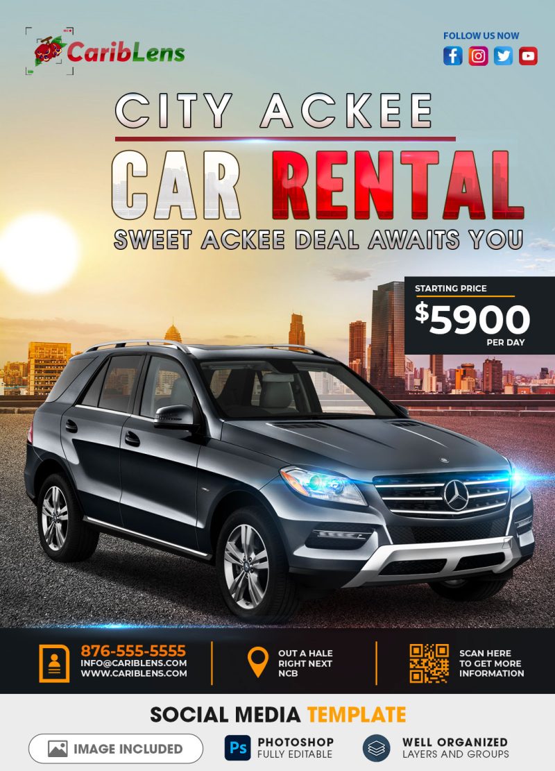 Big City Car rental promotional flyer and post for Social Media – PSD