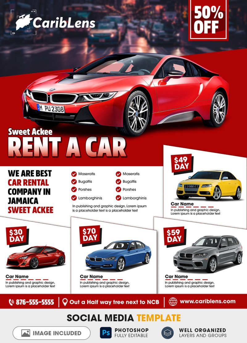 Car rental flyer and social media post free template download