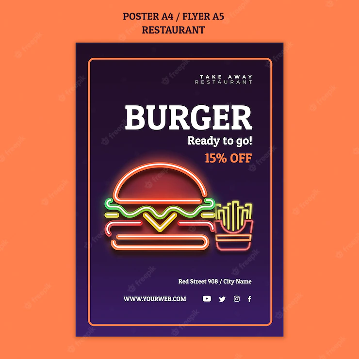 Abstract Restaurant Flyer Template With Neon Burger 23 2148772714