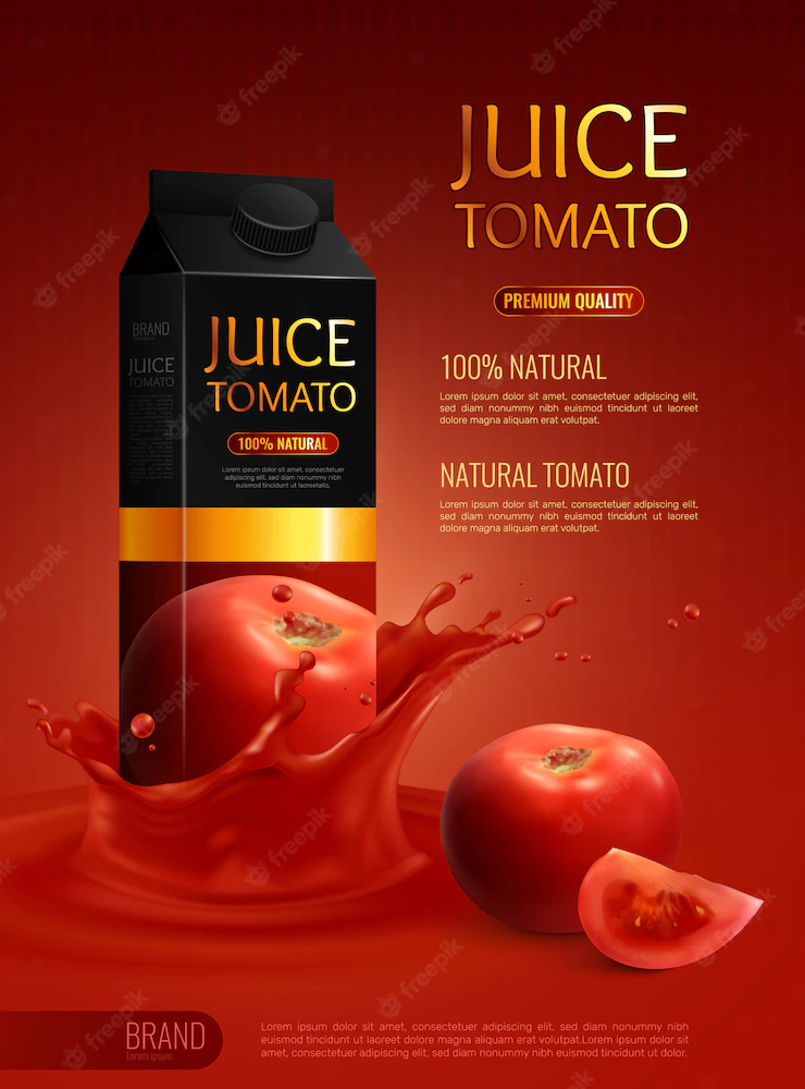 Advertising composition with packet of natural tomato juice realistic Free Vector