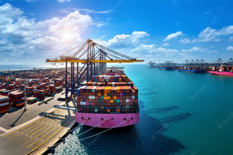 Aerial view of cargo ship and cargo container in harbor Free Photo