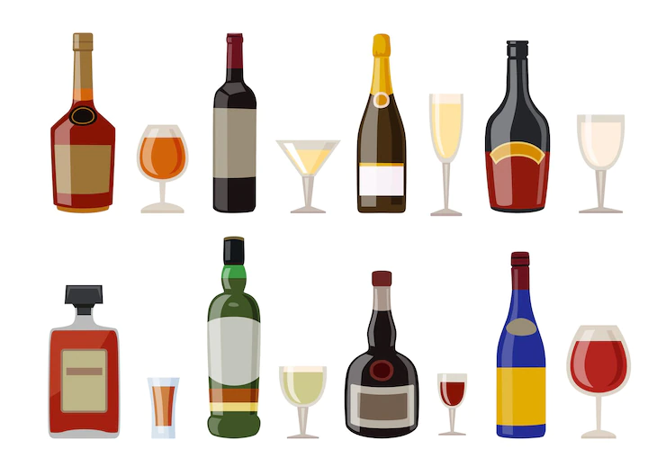 Alcoholic Drinks Glasses Vector Illustrations Set Liquor Bottles Different Shapes With Labels Whiskey Rum Wine Isolated 74855 20915