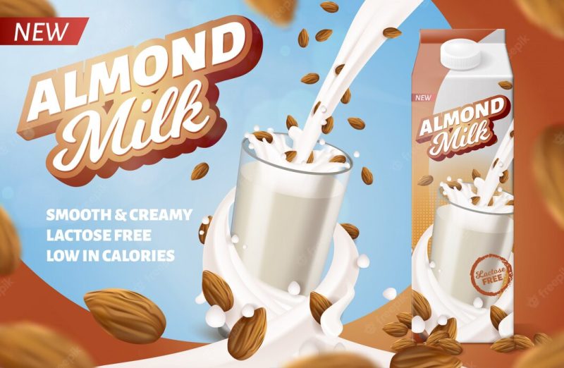 Almond milk horizontal label for packaging. fortified diet drink Premium Vector