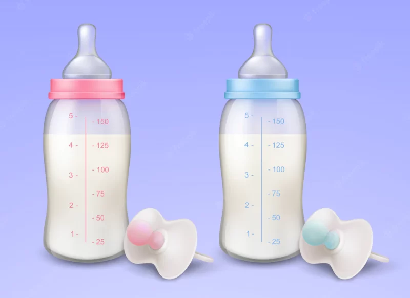 Baby milk bottles with nipples and pacifiers Free Vector