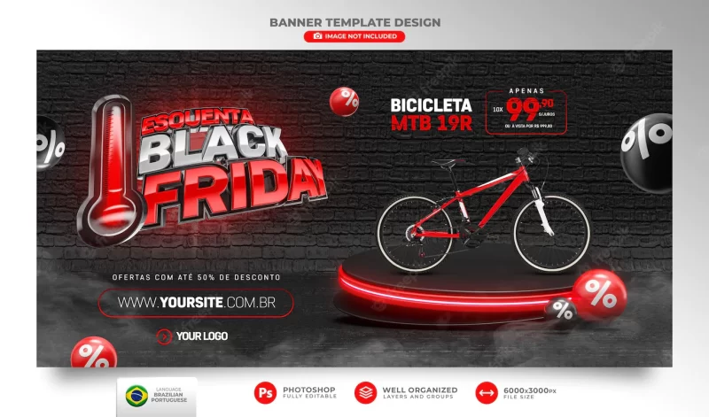 Banner black friday 3d realistic render for composition in Portuguese Brazilian Free Psd