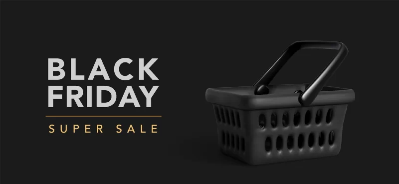 Banner for black friday super sale. realistic 3d black shopping basket. Free Vector