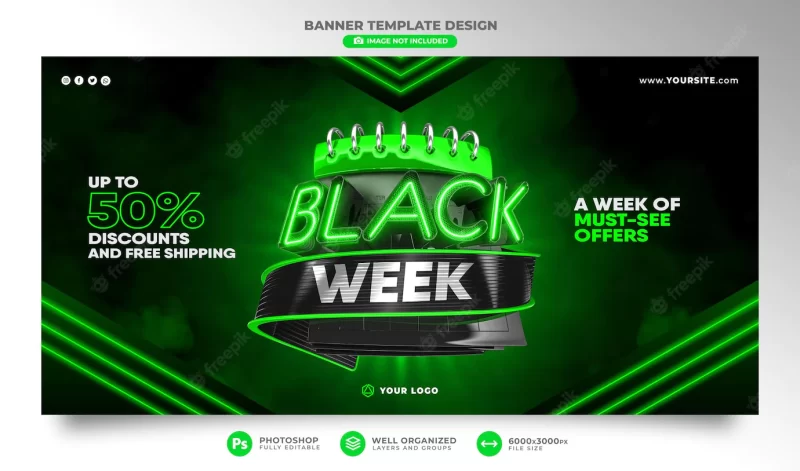 Banner template black friday 3d realistic render for marketing campaign black week Free Psd