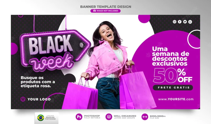 Banner template black friday 3d realistic render for marketing campaign in portuguese brazil Free Psd