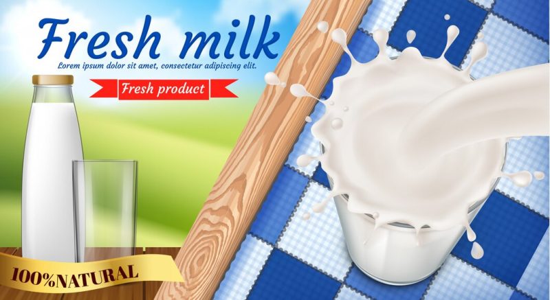 Banner with milk bottle and full glass of fresh dairy drink with splash Free Vector