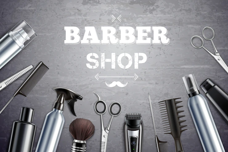 Barber shop hair styling tools supplies set realistic monochrome top view with shaving brush vector illustration Free Vector