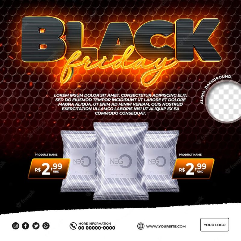 Black friday 3d logo with lights and black and orange Instagram post in Brazil Premium Psd