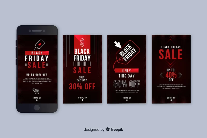 Black friday instagram stories collection in black and red Free Vector