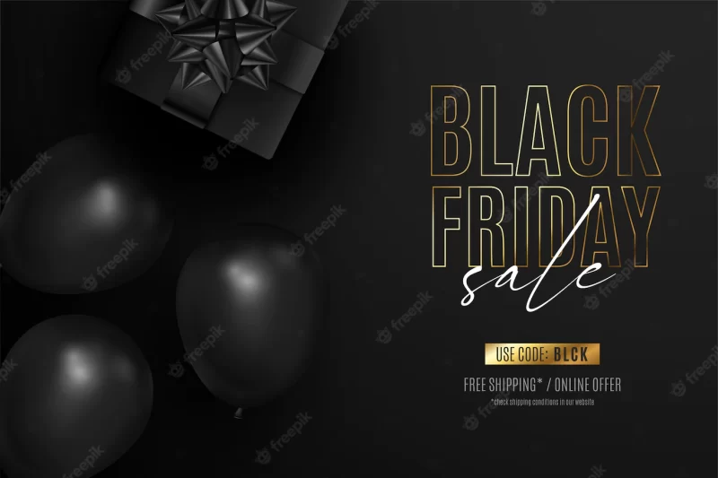 Black friday realistic banner with presents and balloons Free Vector