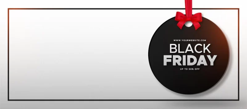 Black friday sale background with label and realistic red ribbon Free Vector