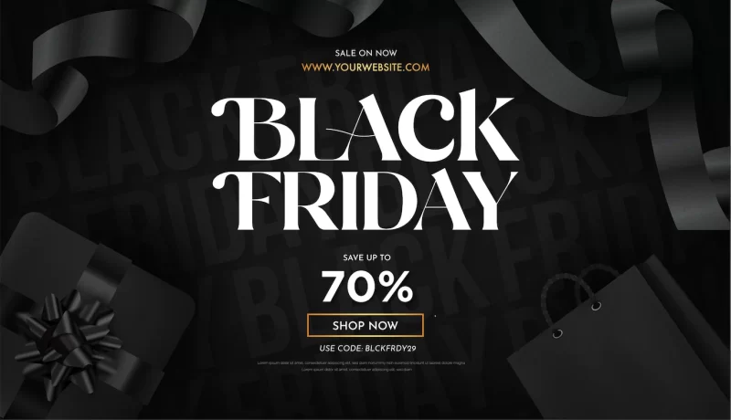 Black friday sale banner background with realistic 3d objects Free Vector