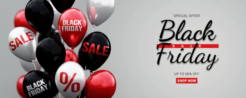 Black friday sale banner template with 3d balloon with sale text Premium Psd