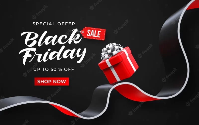 Black Friday sale banner template with 3d red gift box Premium Psd