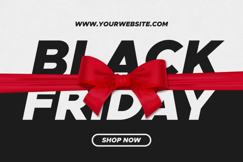 Black friday sale banner with realistic red ribbon background Free Vector