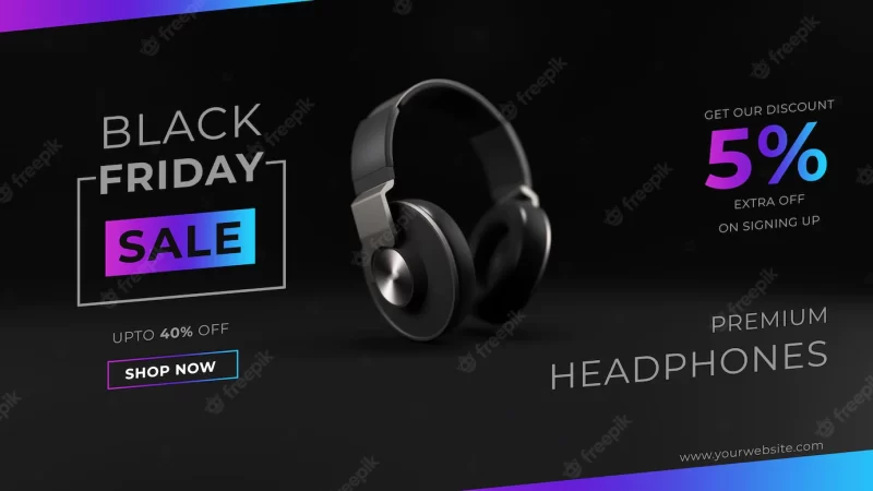 Black friday sale on headphones banner template 3d render Premium Psd