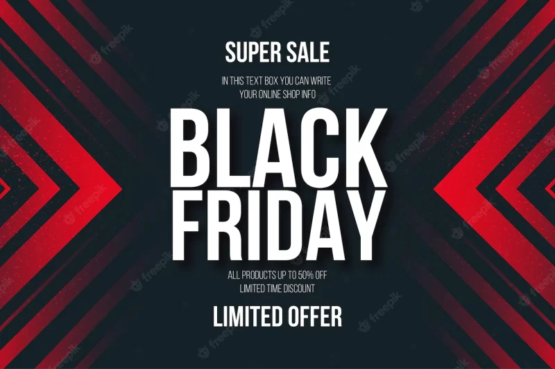 Black friday super sale banner with abstract red shapes background Free Vector