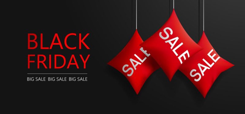 Black friday with red pillows vector realistic Premium Vector