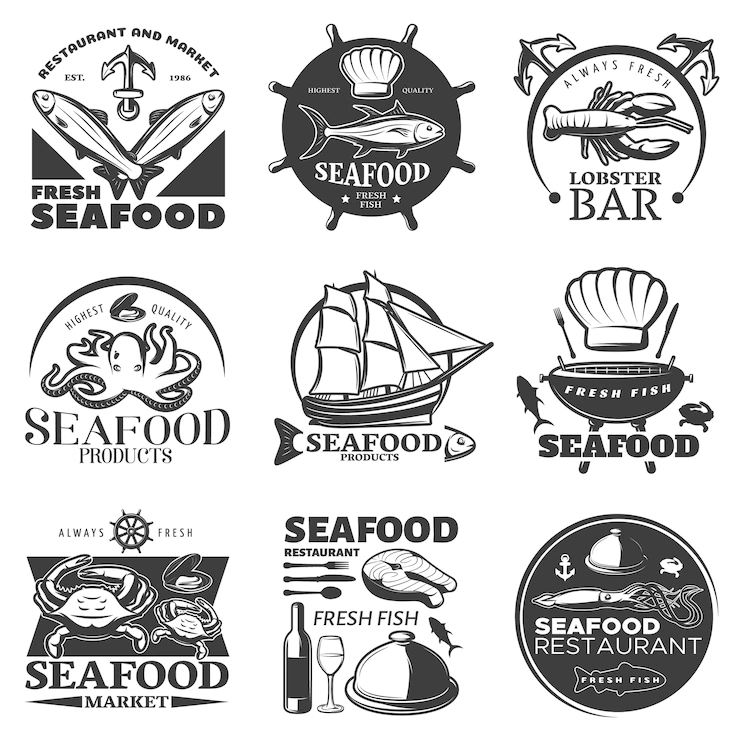 Black Seafood Emblem Set With Restaurant Market Fresh Seafood Highest Quality Seafood Fresh Fish Descriptions 1284 33862