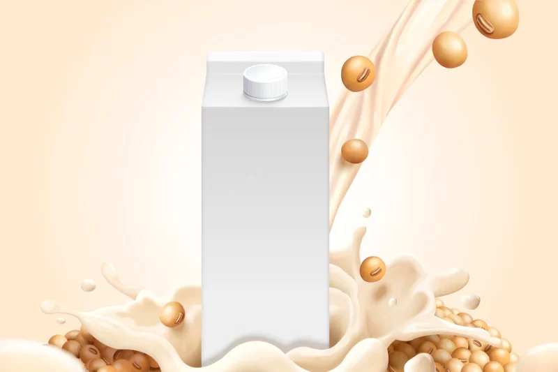 Blank milk carton with soybeans and soymilk in 3d style Premium Vector