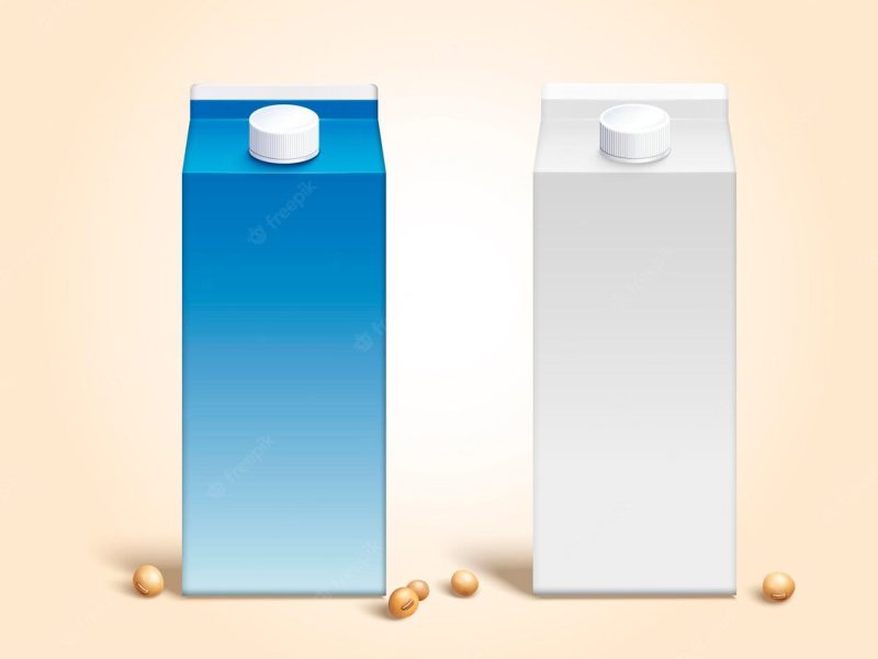 Blank soy milk carton boxes set in 3d style with soybeans Premium Vector