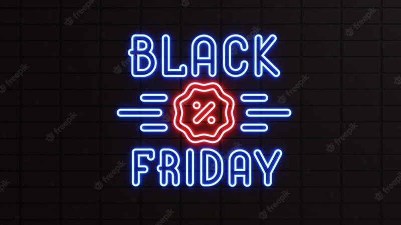 Blue and red neon black Friday discount and percentage sign Premium Photo
