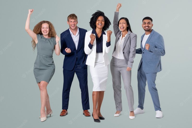 Business people cheering for teamwork and success campaign Free Photo