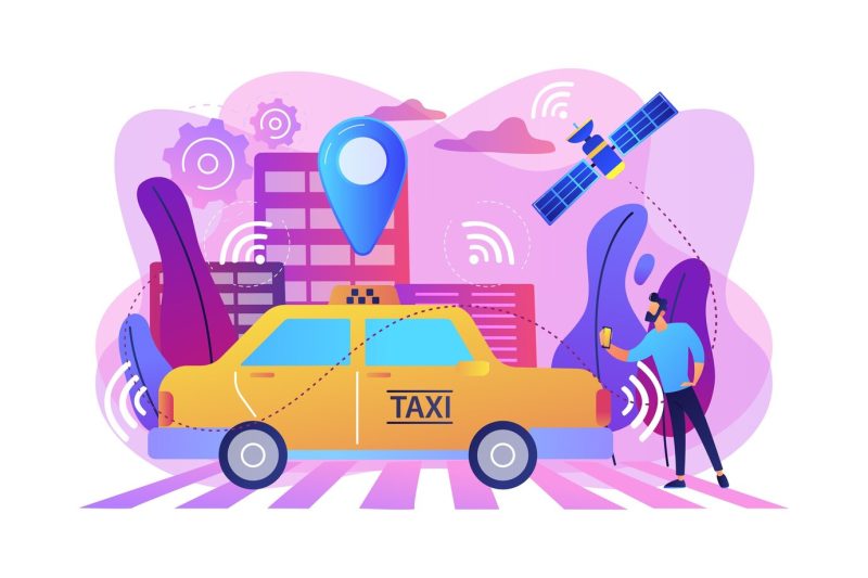 Businessman with smartphone taking driverless taxi with sensors and location pin. autonomous taxi, self-driving taxi, on-demand car service concept. bright vibrant violet isolated illustration Free Vector