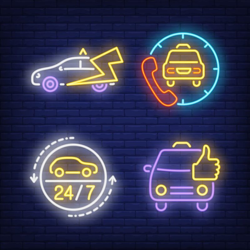 Calling taxi cab neon signs set Free Vector