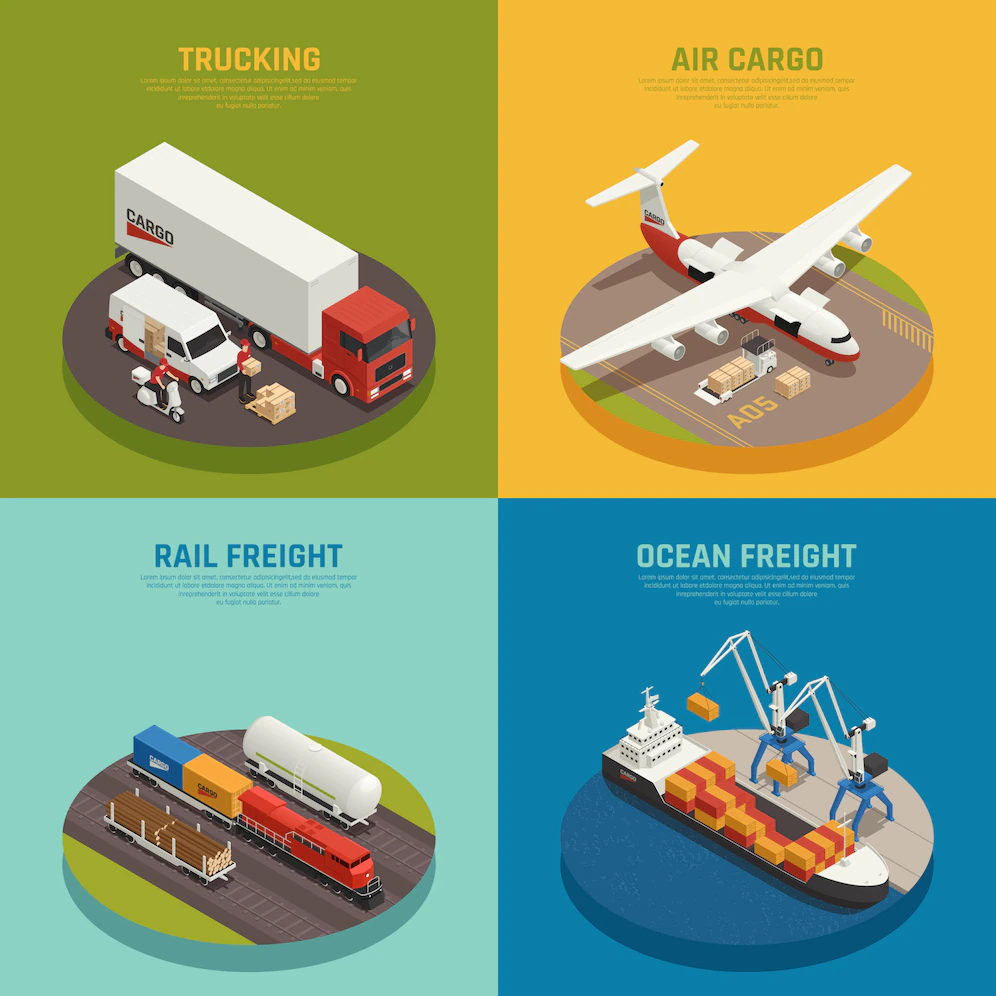 Cargo Transportation Including Ocean Rail Freight Air Delivery Trucking Isometric 1284 28363