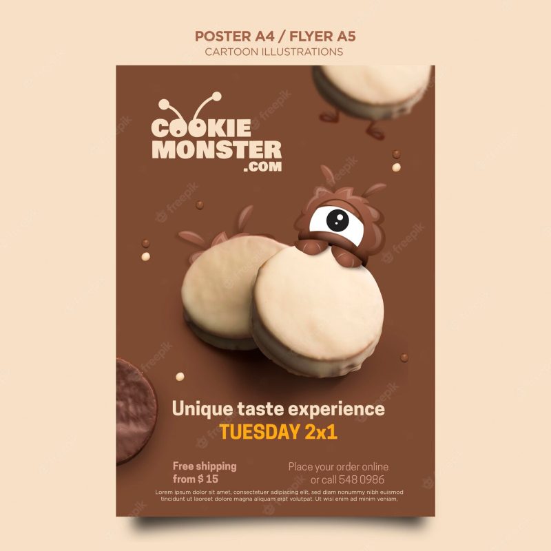 Cartoon illustrations cookie monster flyer or poster Free Psd