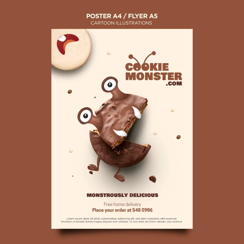 Cartoon illustrations cookie monster poster or flyer Free Psd