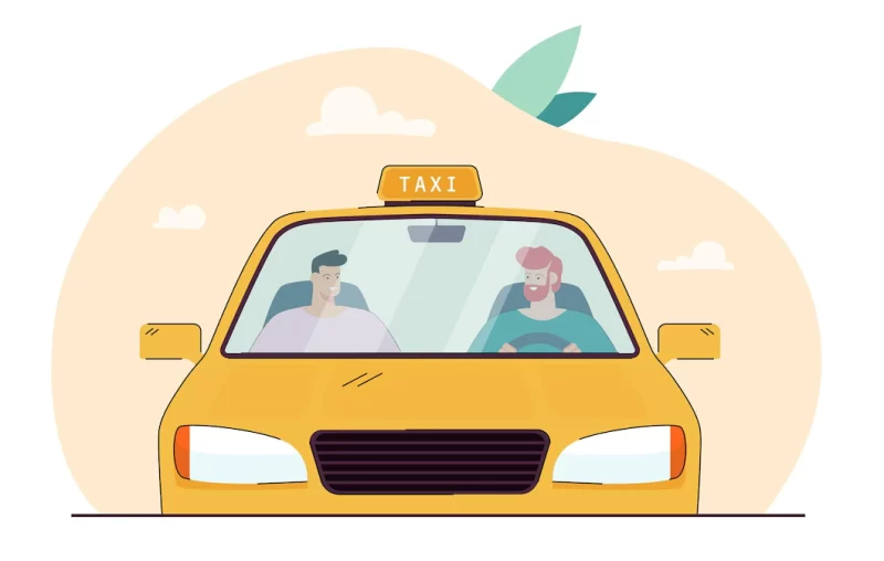 Cartoon taxi driver talking to passenger behind windscreen Free Vector