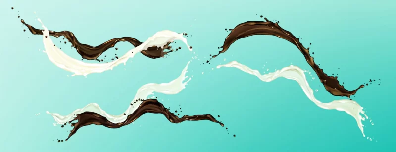 Chocolate and milk splashes, liquid cocoa and cream flow, coffee Free Vector