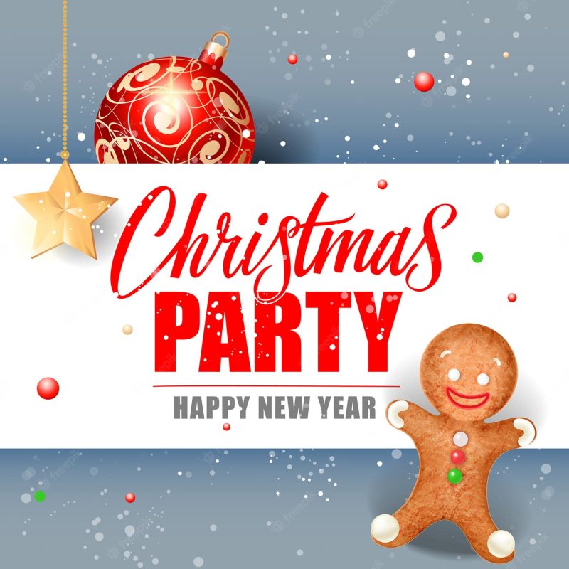 Christmas party lettering and cookie Free Vector