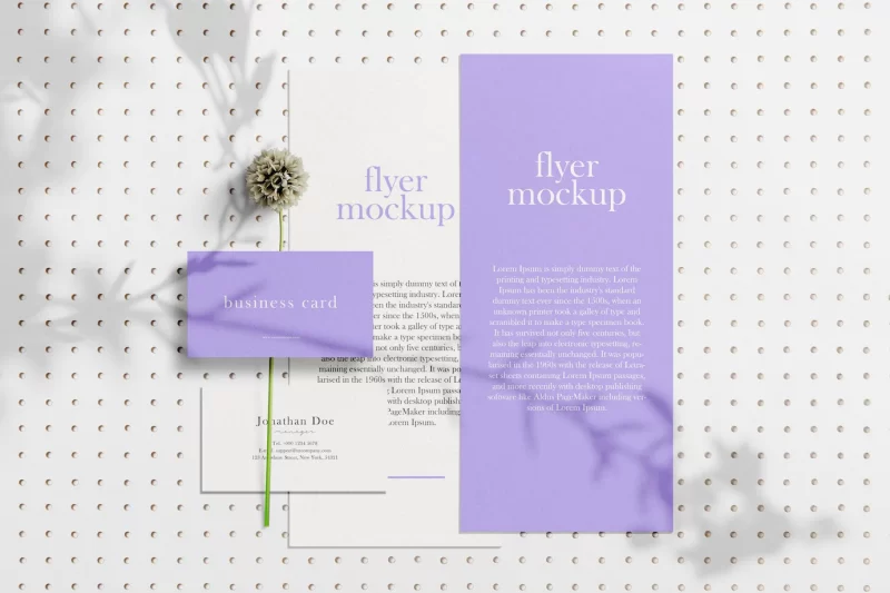 Clean minimal business card and flyer mockup on background with flower Free Psd