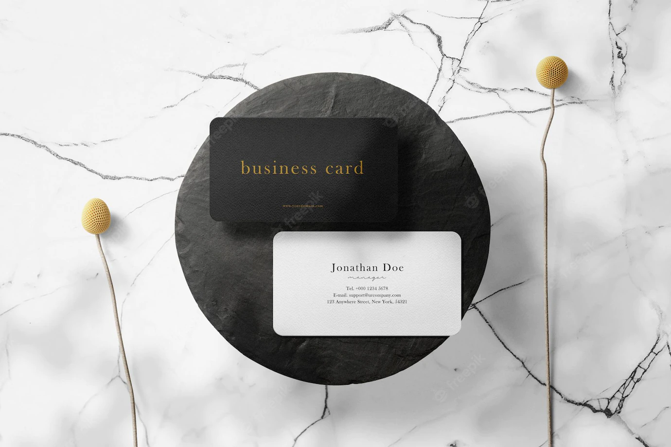 Clean Minimal Business Card Mockup Black Stone Plate With Flower Plants Background Psd File 481141 340