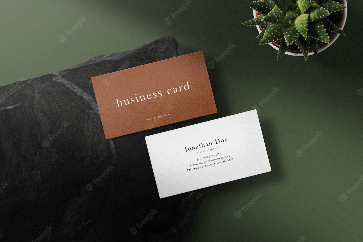 Clean Minimal Business Card Mockup Black Stone With Leaf 481141 114