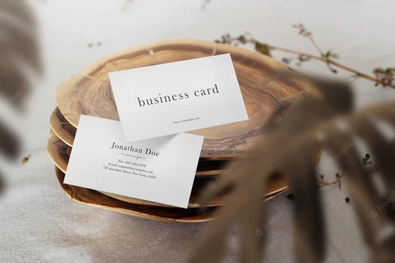 Clean minimal business card mockup floating on wooden plate Free Psd