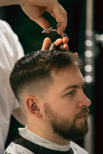 Close Up Master Barber Stylist Does Hairstyle Guy Young Man Professional Occupation Male Beauty Concept Cares Hair Mustache Beard Client Soft Colors Focus Vintage 155003 33930