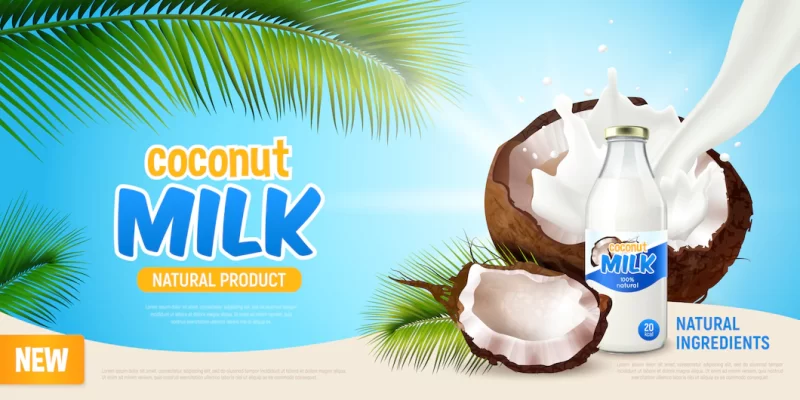 Coconut milk realistic poster with advertising of natural product green leaves of palm tree cracked coconut and non dairy vegan milk in bottle illustration Free Vector