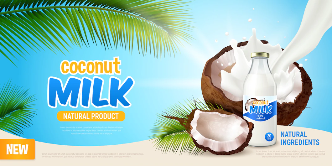 Coconut Milk Realistic Poster With Advertising Natural Product Green Leaves Palm Tree Cracked Coconut Non Dairy Vegan Milk Bottle Illustration 1284 31426