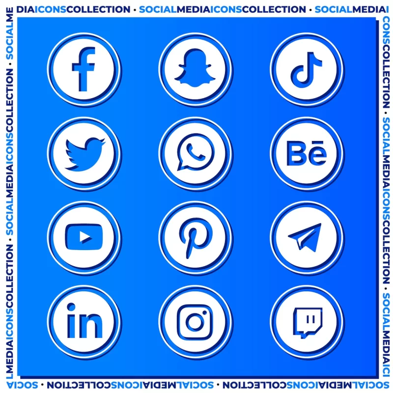 Collection of social media icons over blue gradient surface Free Vector