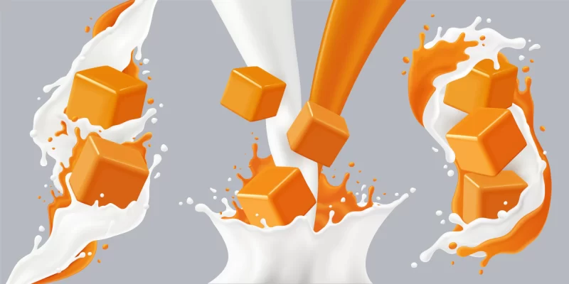 Colored realistic splashes caramel icon set with caramel cubes and milk splashes illustration Free Vector