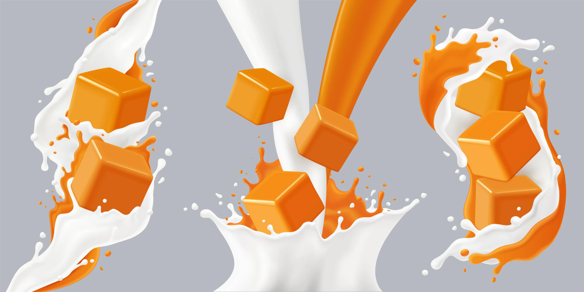 Colored Realistic Splashes Caramel Icon Set With Caramel Cubes Milk Splashes Illustration 1284 31420