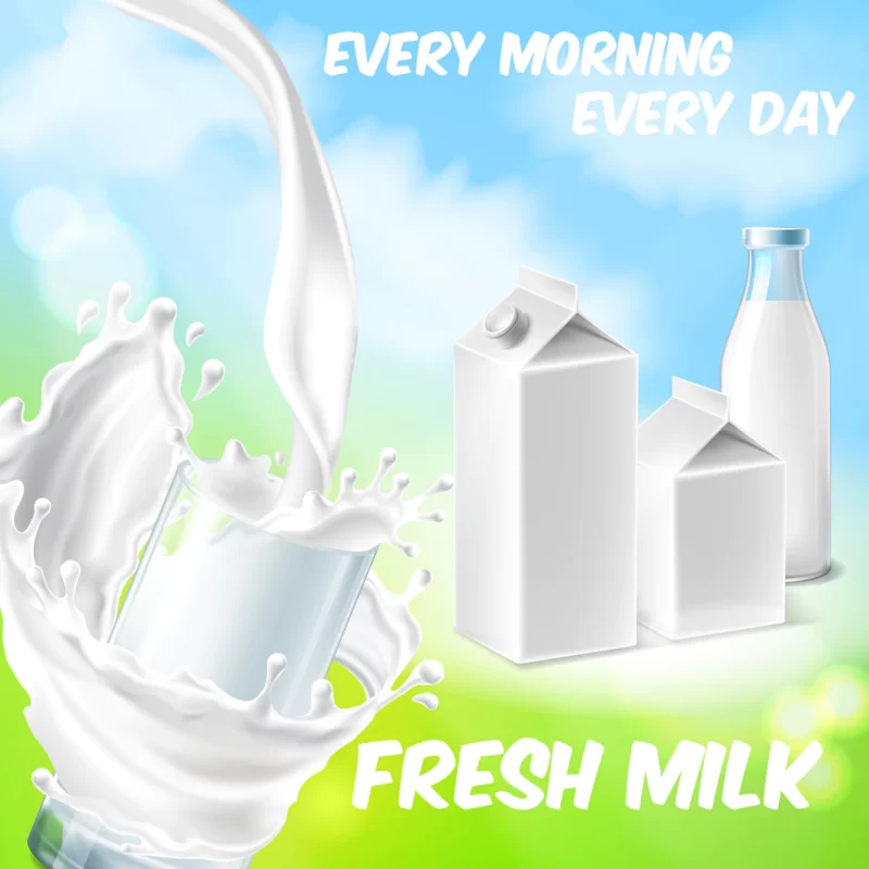 Colorful background with fresh milk, pouring in drinking glass and splashing Free Vector